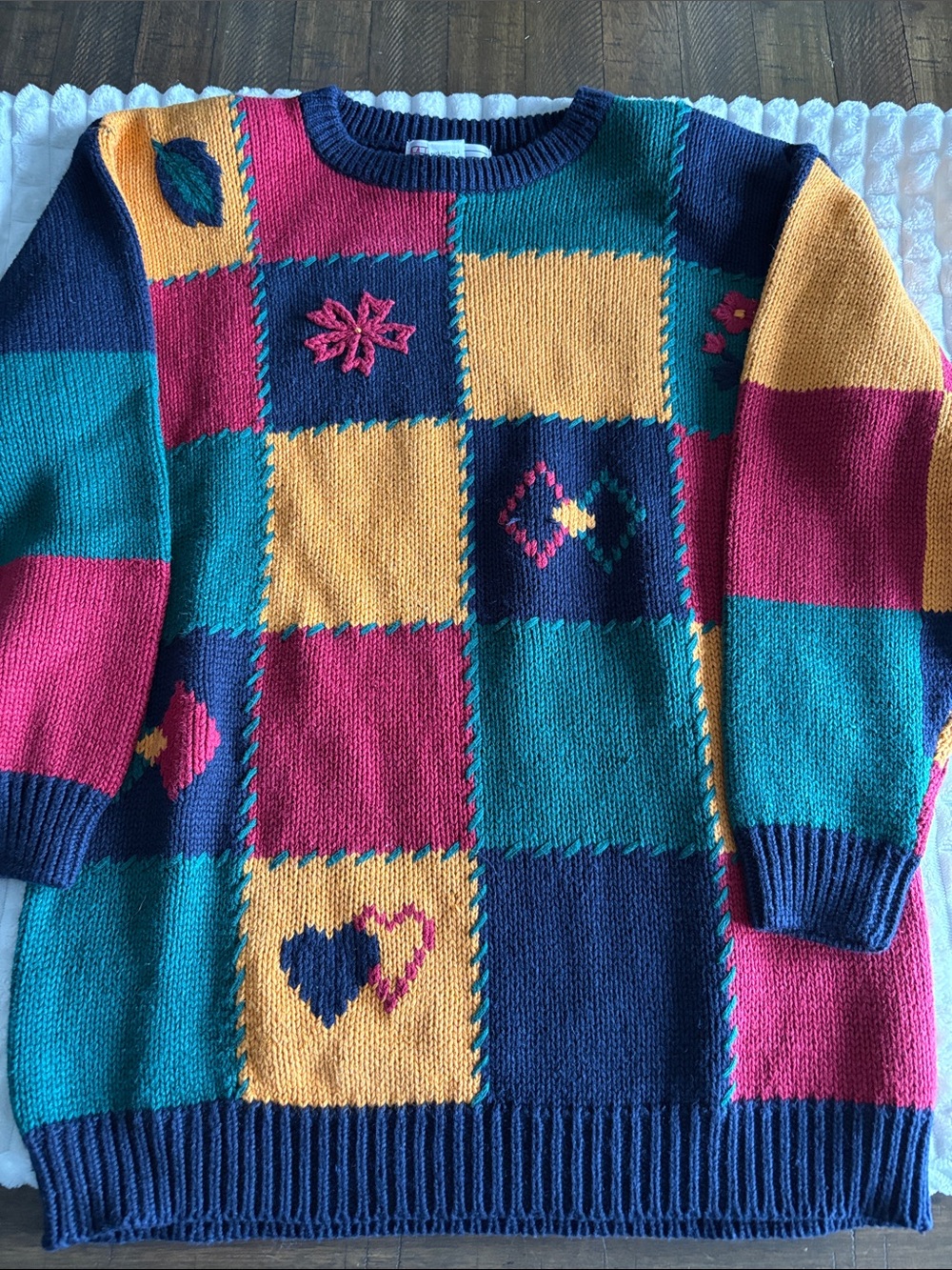 Vintage Milano Design Patchwork Pullover Sweater L Shoulder Pads Cozy Blue Red